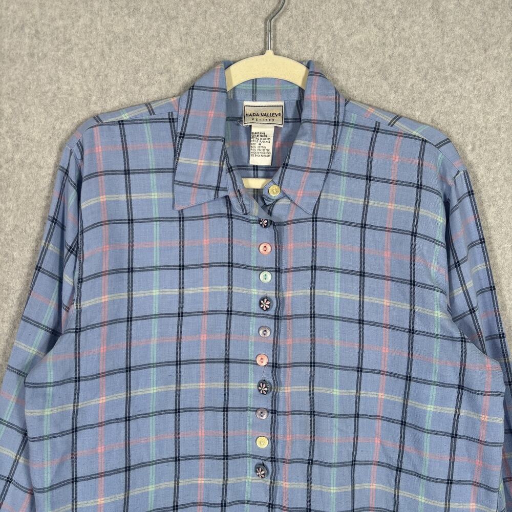 VTG Napa Valley Shirt Medium Flower Buttons Check Picnic Granny Artsy Casual